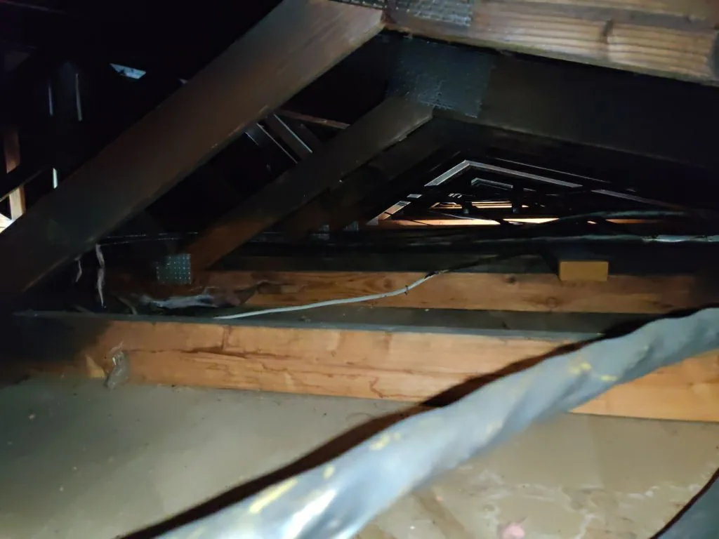 charred trusses roof framing hvac soot from Hemet apartment fire smoke damage restoration documentation